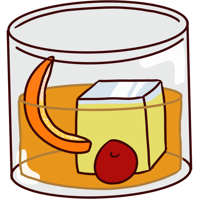 a glass tumbler filled halfway with amber whiskey, an orange peel, luxardo cherry and a large ice cube